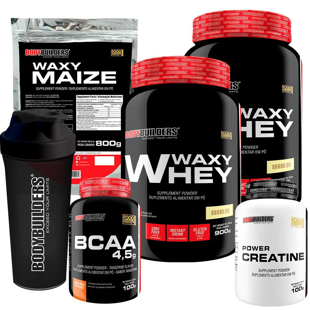 Kit 2x Whey Protein Waxy Whey 900g + Bcaa 4.5 100g + Power Creatina 100g + Waxy Maize 800g + Coque. Baunilha e Chocolate