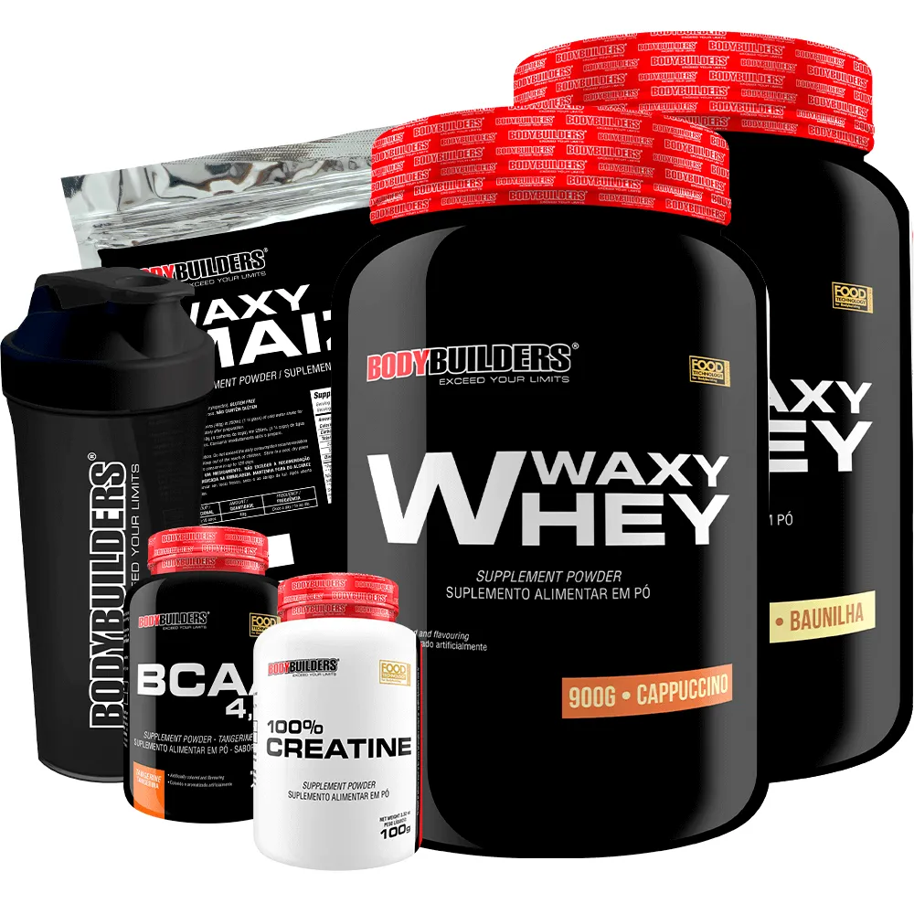 Kit 2x Whey Protein Waxy Whey 900g + Bcaa 4.5 100g + Power Creatina 100g + Waxy Maize 800g + Coque. Baunilha e Cappuccino