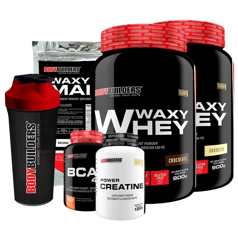 Kit 2x Whey Protein Waxy Whey 900g + Bcaa 4.5 100g + Power Creatina 100g + Waxy Maize 800g + Coque. Chocolate e Cappuccino