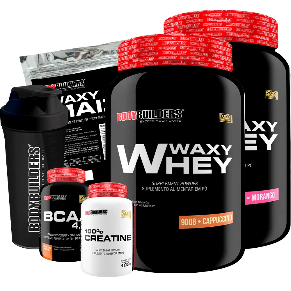 Kit 2x Whey Protein Waxy Whey 900g + Bcaa 4.5 100g + Power Creatina 100g + Waxy Maize 800g + Coque. Morango e Cappuccino