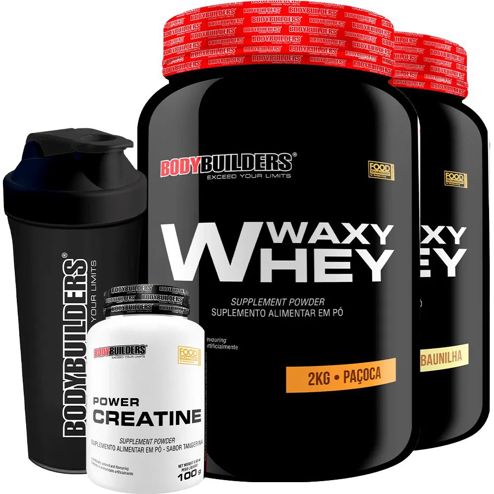 Kit 2x Waxy Whey 2kg + Power Creatina 100g + Coqueteleira - Bodybuilders Baunilha e Paçoca