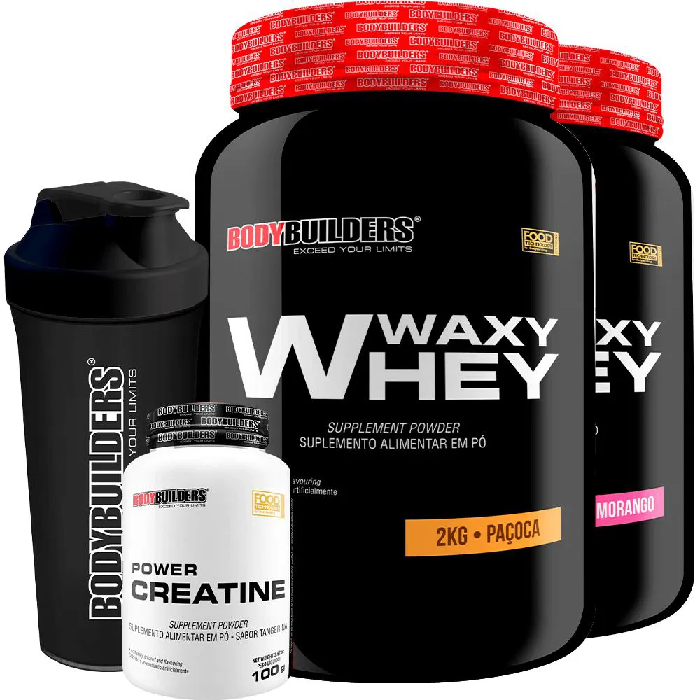 Kit 2x Waxy Whey 2kg + Power Creatina 100g + Coqueteleira - Bodybuilders Morango e Paçoca