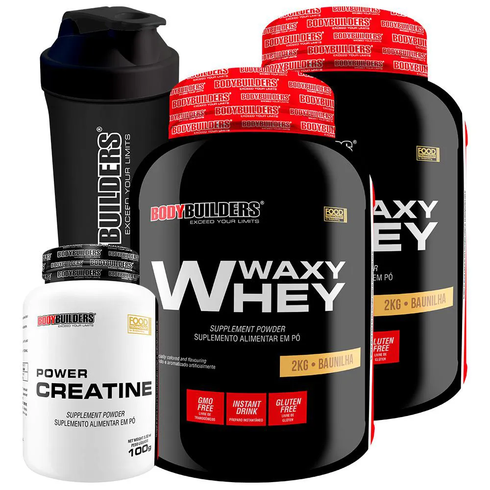 Kit 2x Waxy Whey 2kg + Power Creatina 100g + Coqueteleira - Bodybuilders Chocolate e Morango