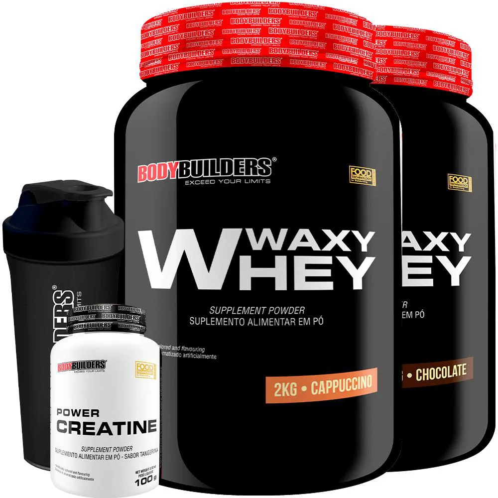 Kit 2x Waxy Whey 2kg + Power Creatina 100g + Coqueteleira - Bodybuilders Cappuccino e Chocolate
