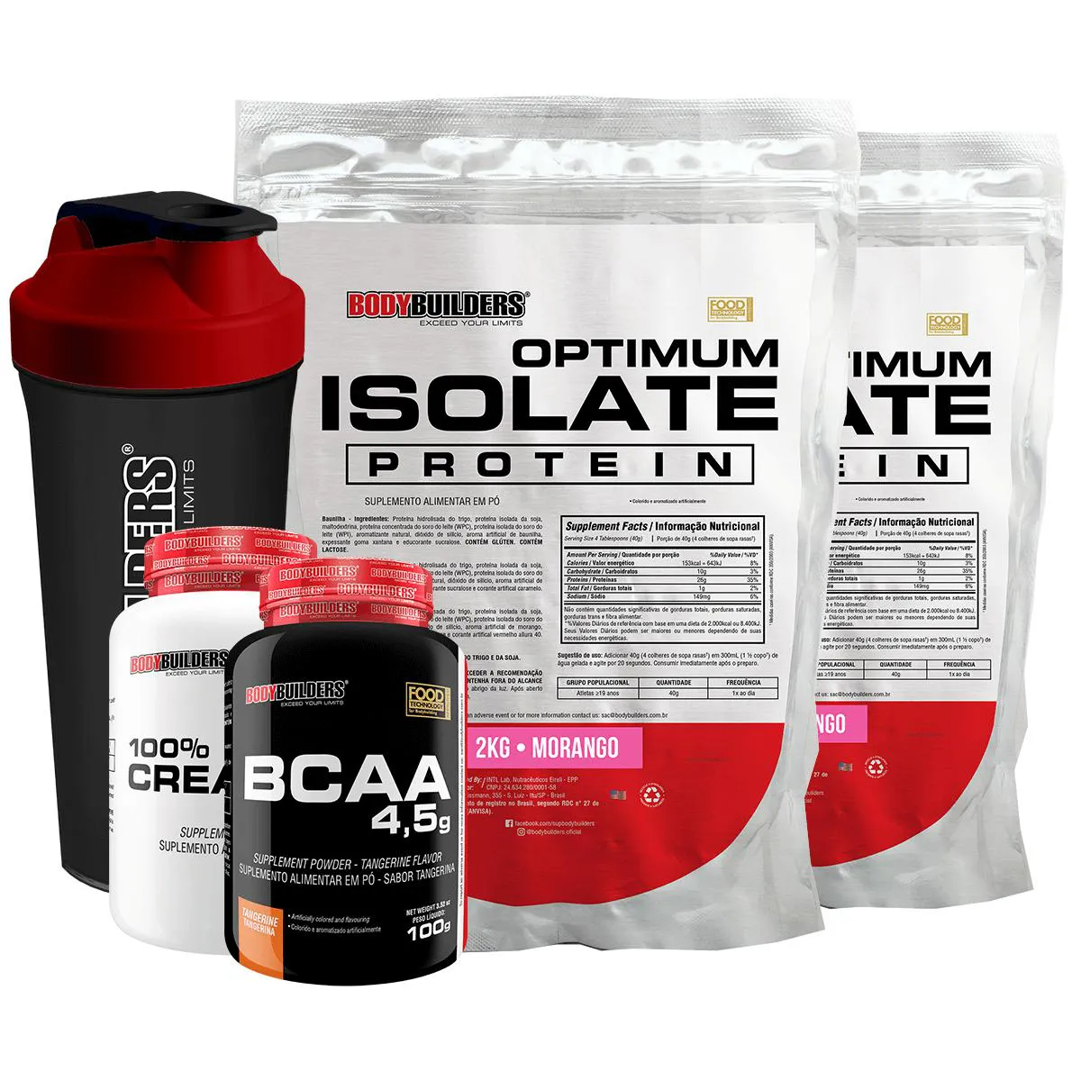 Kit 2x Optimum Isolate Whey Protein 2kg + Creatina 1000g + Bcaa 100g + Coqueteleira Sabor Morango - Bodybuilders