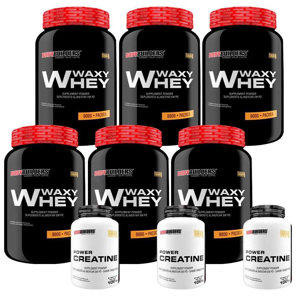 Kit 6x Waxy Whey 900g + 3x Power Creatina 100g - Bodybuilders Paçoca