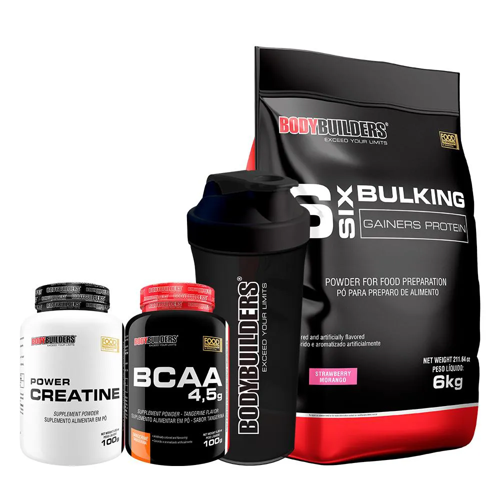 Kit Bulking Protein 6kg + Creatina 100g + Bcaa 100g + Coqueteleira - Bodybuilders Sabor Morango