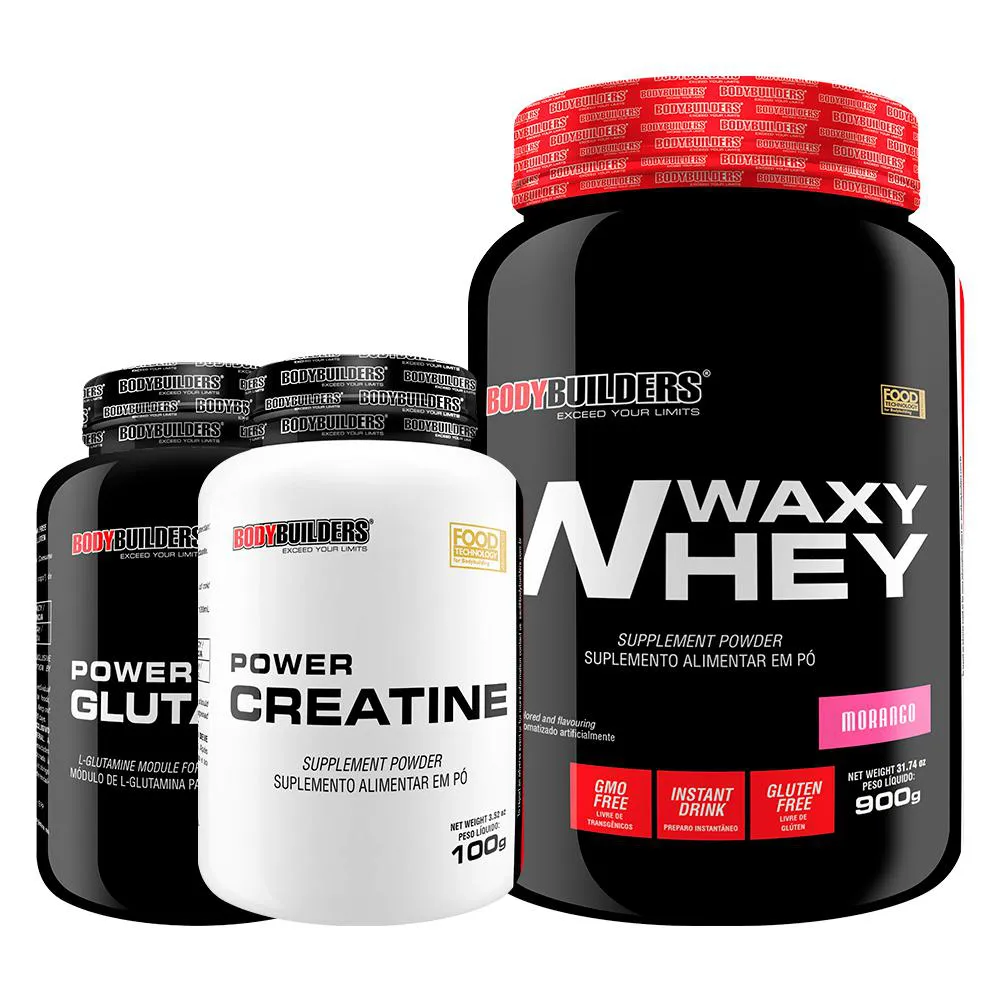 Kit Waxy Whey 900g + Power Creatine 100g + Power Glutamine 100g - Bodybuilders Morango