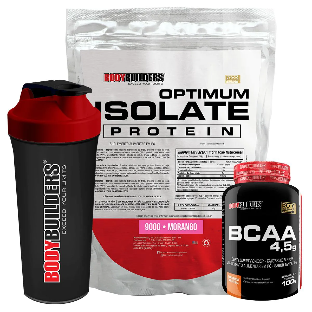 Kit Optimum Isolate Whey Protein 900g + Bcaa 100g + Coqueteleira Sabor Morango - Bodybuilders