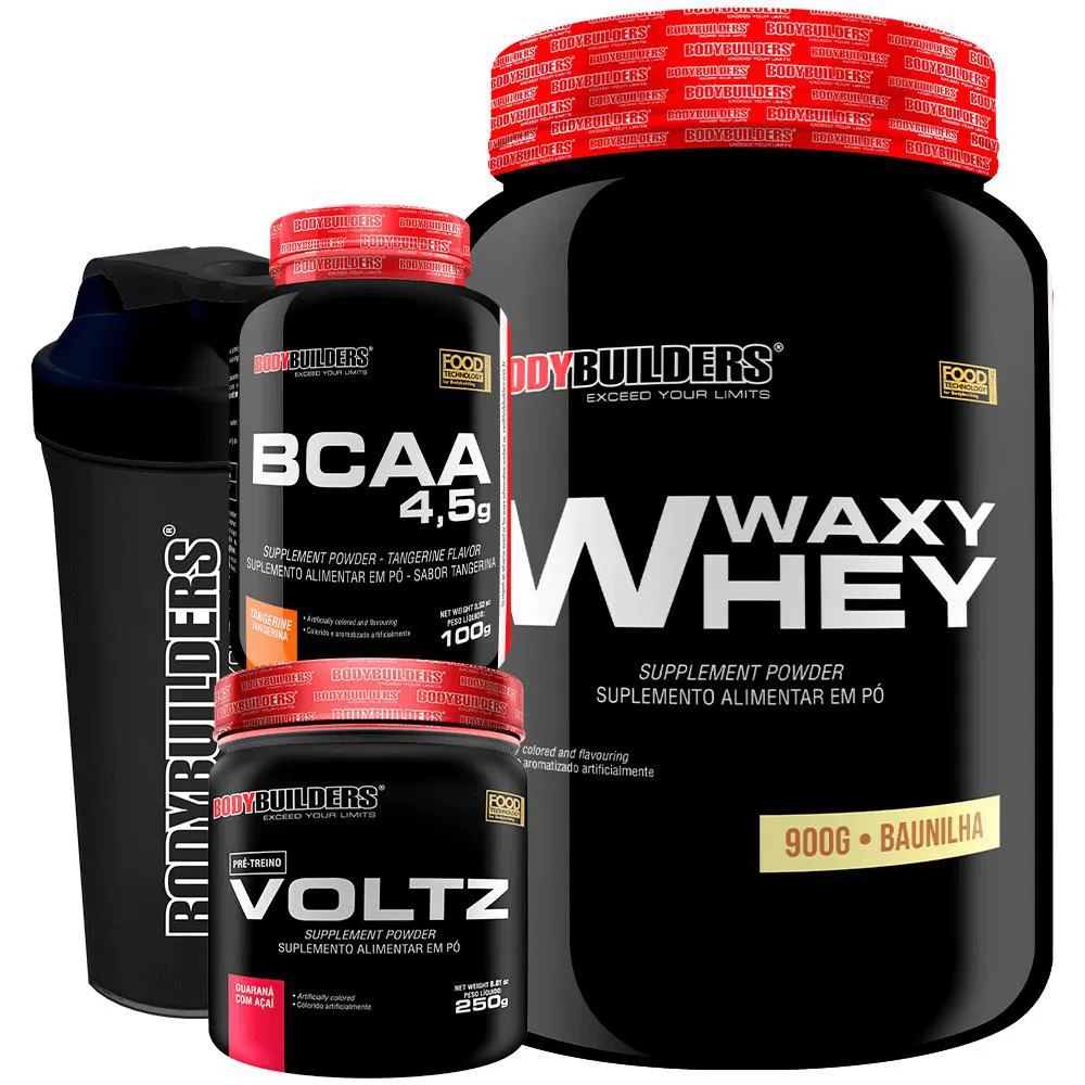 Kit Waxy Whey (35%) 900g + Bcaa 100g + Pré Treino + Coqueteleira - Bodybuilders Baunilha