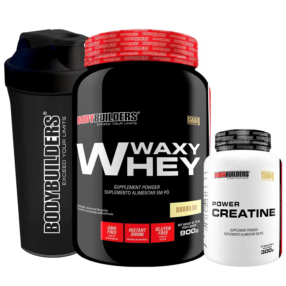 Kit Waxy Whey 900g + Power Creatina 100g + Coqueteleira - Bodybuilders Morango