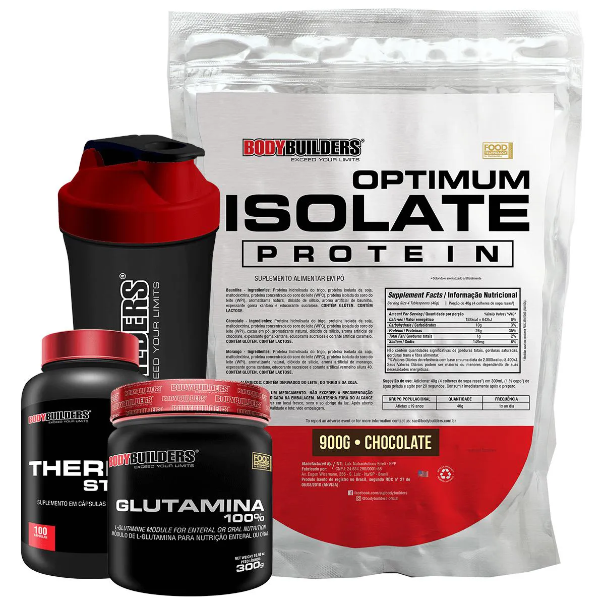 Kit Optimum Isolate Whey Protein 900g + Thermo Start 100 cápsulas + Glutamina 300g + Coqueteleira Sabor Chocolate - Bodybuilders