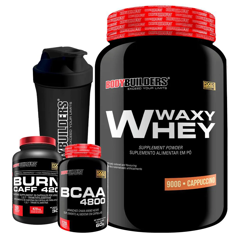 Kit Waxy Whey 900g + Bcaa 4800 120 cápsulas + Pré Treino 60 cápsulas + Coqueteleira - Bodybuilders Chocolate