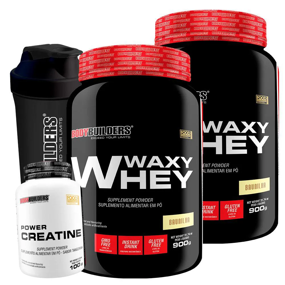 Kit 2x Whey Protein Waxy Whey 900g + Power Creatina 100g + Coqueteleira - Bodybuilders Baunilha