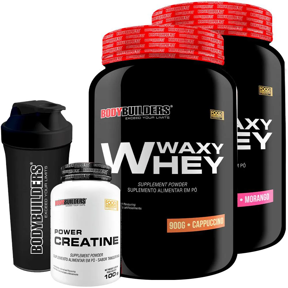 Kit 2x Whey Protein Waxy Whey 900g + Power Creatina 100g + Coqueteleira - Bodybuilders Morango e Cappuccino