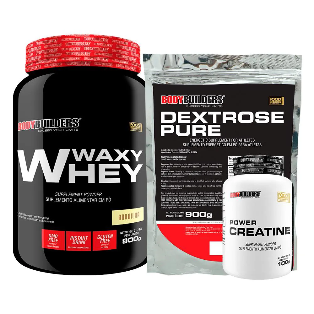 Kit Waxy Whey Protein 900g + Creatina 100g + Dextrose 900g - Bodybuilders Morango