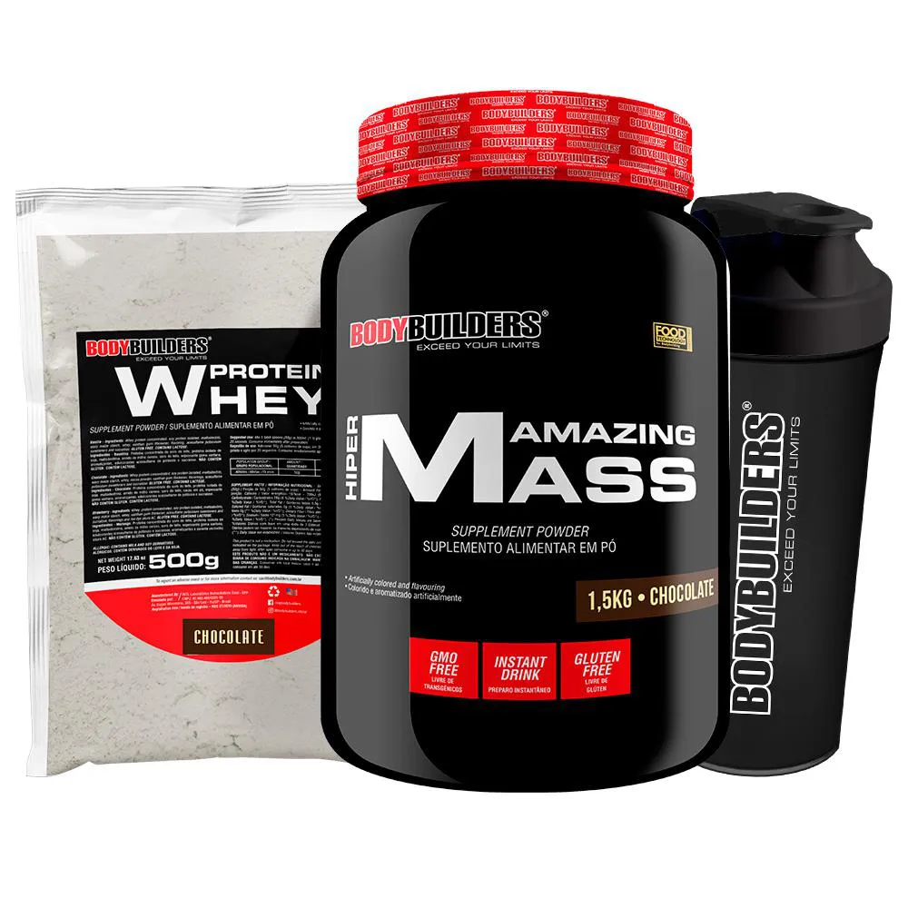 Kit Amazing Mass 1,5kg + Whey Protein 500g + Coqueteleira - Bodybuilders Sabor Chocolate