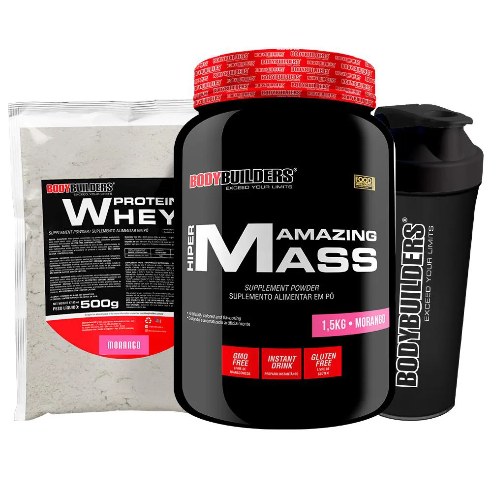 Kit Amazing Mass 1,5kg + Whey Protein 500g + Coqueteleira - Bodybuilders Sabor Morango