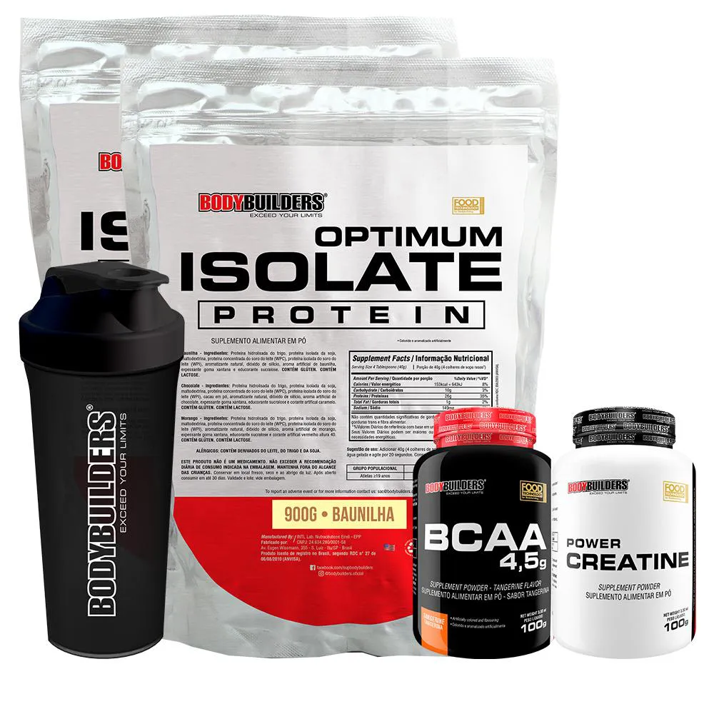 Kit 2x Optimum Isolate Whey Protein 900g + Power Creatina 100g + Bcaa 100g + Coqueteleira - Bodybuilders Sabor Baunilha