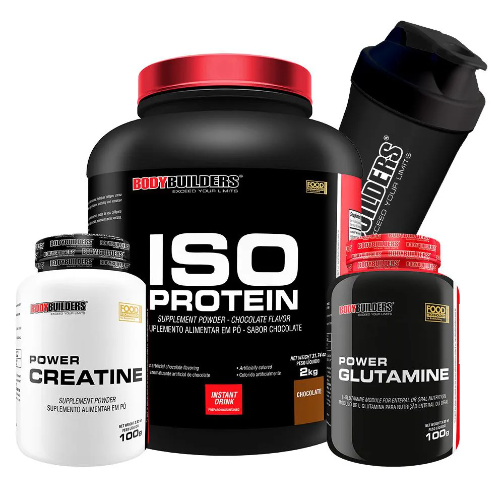 Kit BodyBuilders ISO Protein Chocolate 2kg + Creatina Power Creatine 100g + Glutamina Power Glutamine 100g + Coqueteleira
