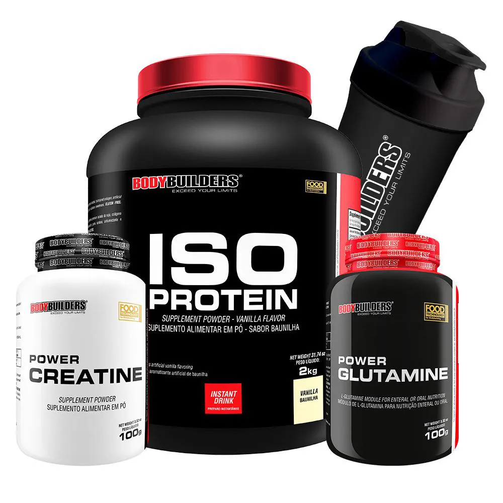 Kit BodyBuilders ISO Protein Baunilha 2kg + Creatina Power Creatine 100g + Glutamina Power Glutamine 100g + Coqueteleira