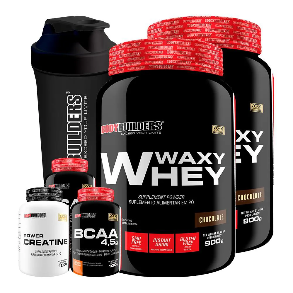 Kit 2x Waxy Whey 900g + 2x Bcaa 4.5 100g + Power Creatina 100g + Coqueteleira - Bodybuilders Chocolate