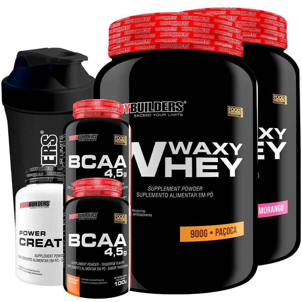 Kit 2x Waxy Whey 900g + 2x Bcaa 4.5 100g + Power Creatina 100g + Coqueteleira - Bodybuilders Morango e Paçoca