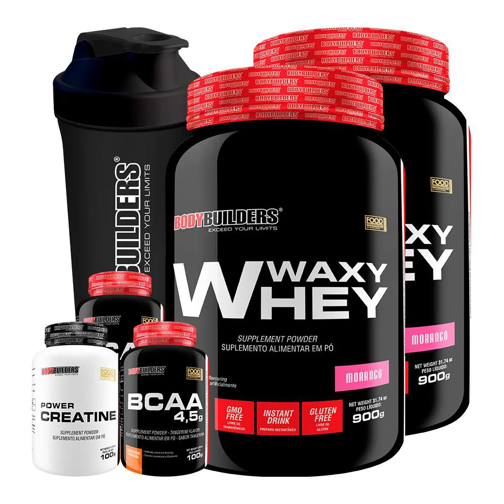 Kit 2x Waxy Whey 900g + 2x Bcaa 4.5 100g + Power Creatina 100g + Coqueteleira - Bodybuilders Morango