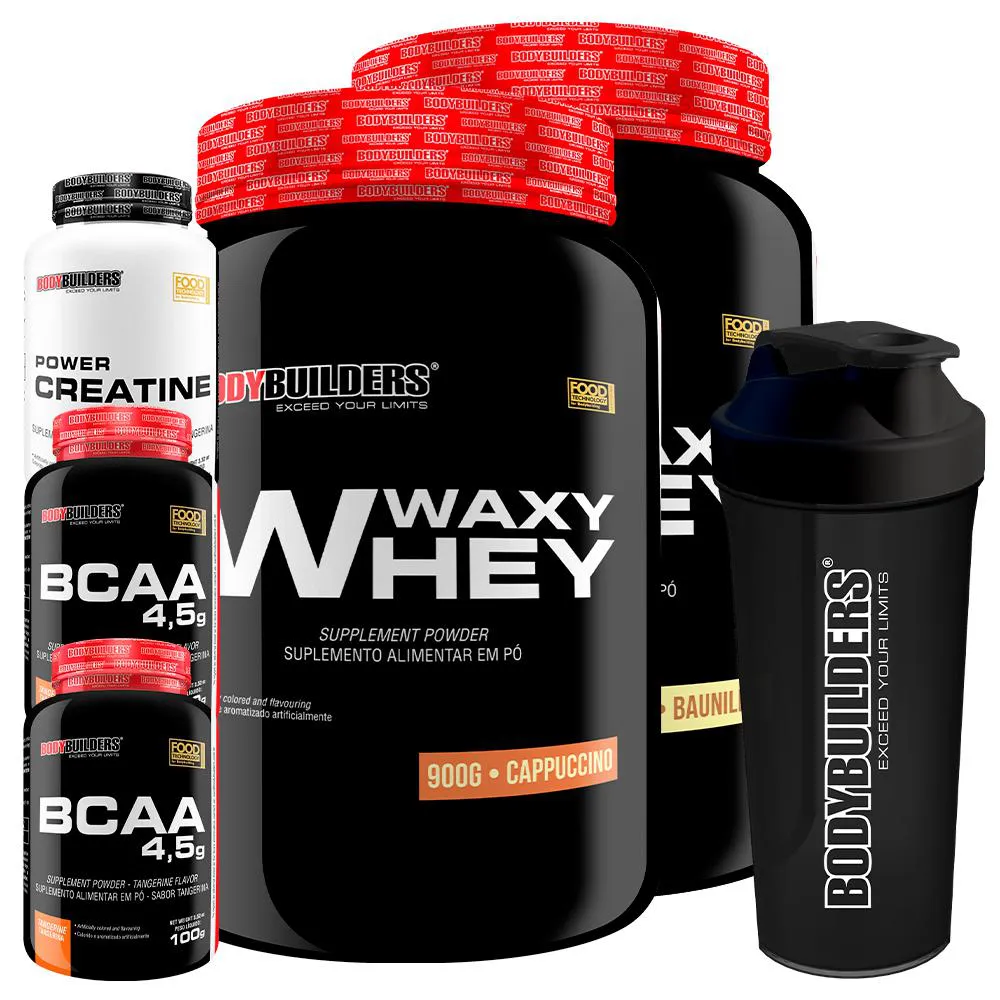 Kit 2x Waxy Whey 900g + 2x Bcaa 4.5 100g + Power Creatina 100g + Coqueteleira - Bodybuilders Baunilha e Cappuccino