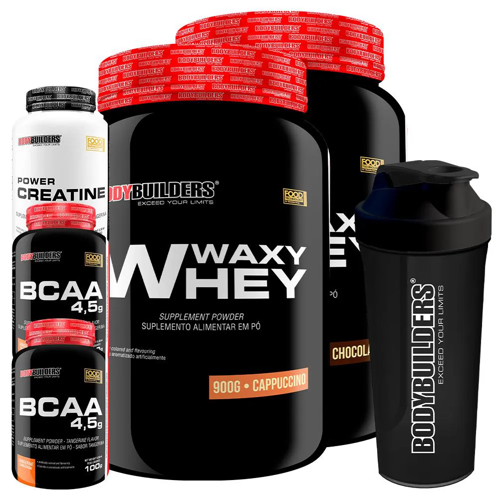 Kit 2x Waxy Whey 900g + 2x Bcaa 4.5 100g + Power Creatina 100g + Coqueteleira - Bodybuilders Chocolate e Cappuccino