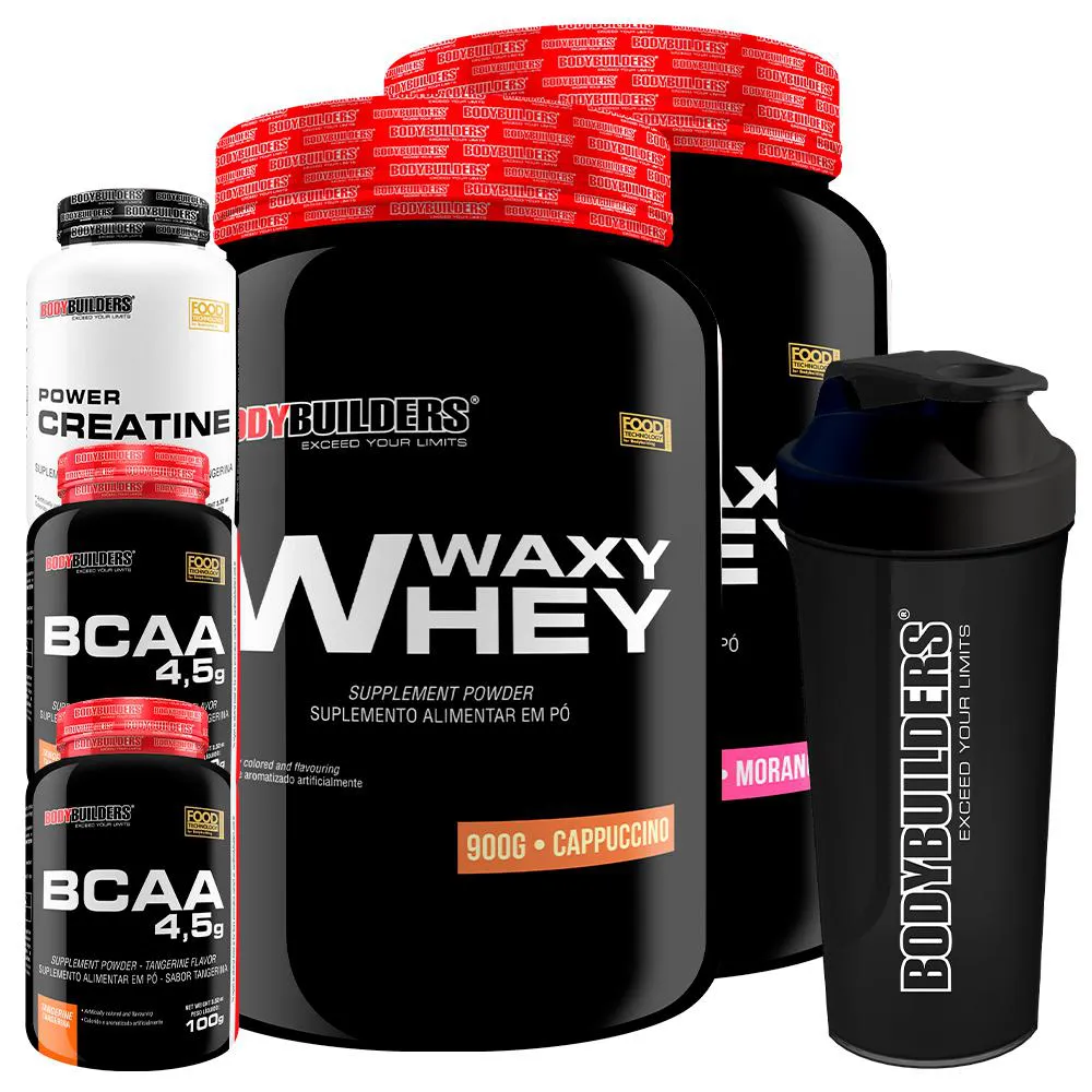Kit 2x Waxy Whey 900g + 2x Bcaa 4.5 100g + Power Creatina 100g + Coqueteleira - Bodybuilders Morango e Cappuccino