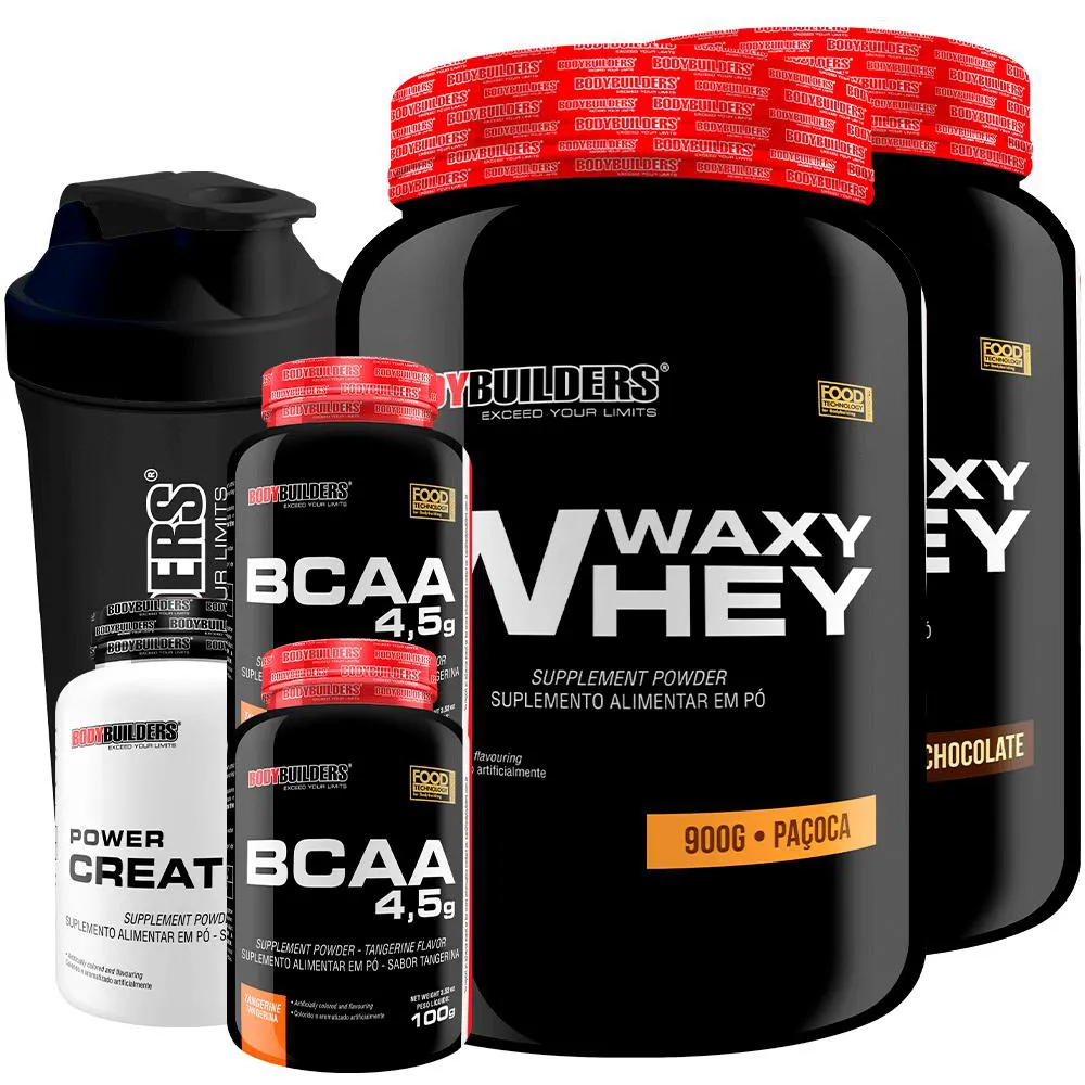 Kit 2x Waxy Whey 900g + 2x Bcaa 4.5 100g + Power Creatina 100g + Coqueteleira - Bodybuilders Chocolate e Paçoca