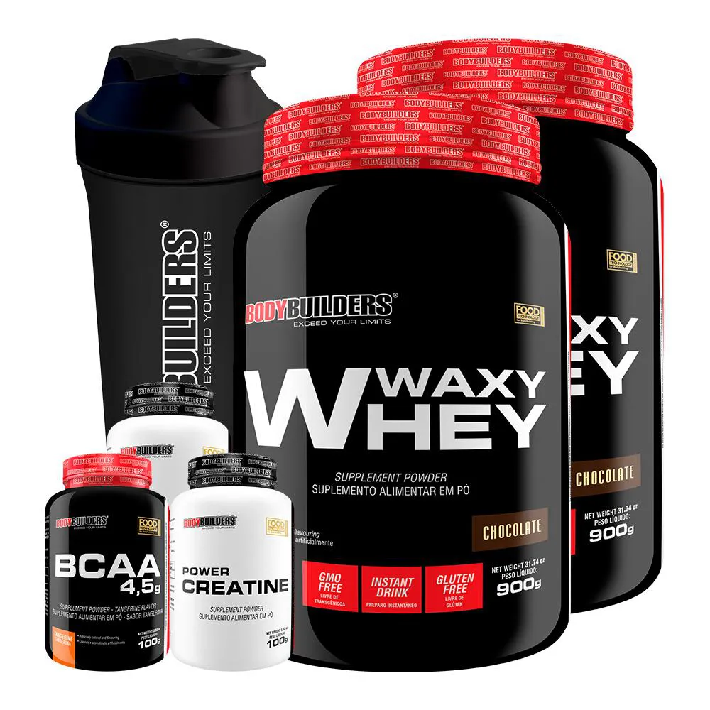 Kit 2x Waxy Whey 900g + Bcaa 4.5 100g + 2x Power Creatina 100g + Coqueteleira - Bodybuilders Chocolate