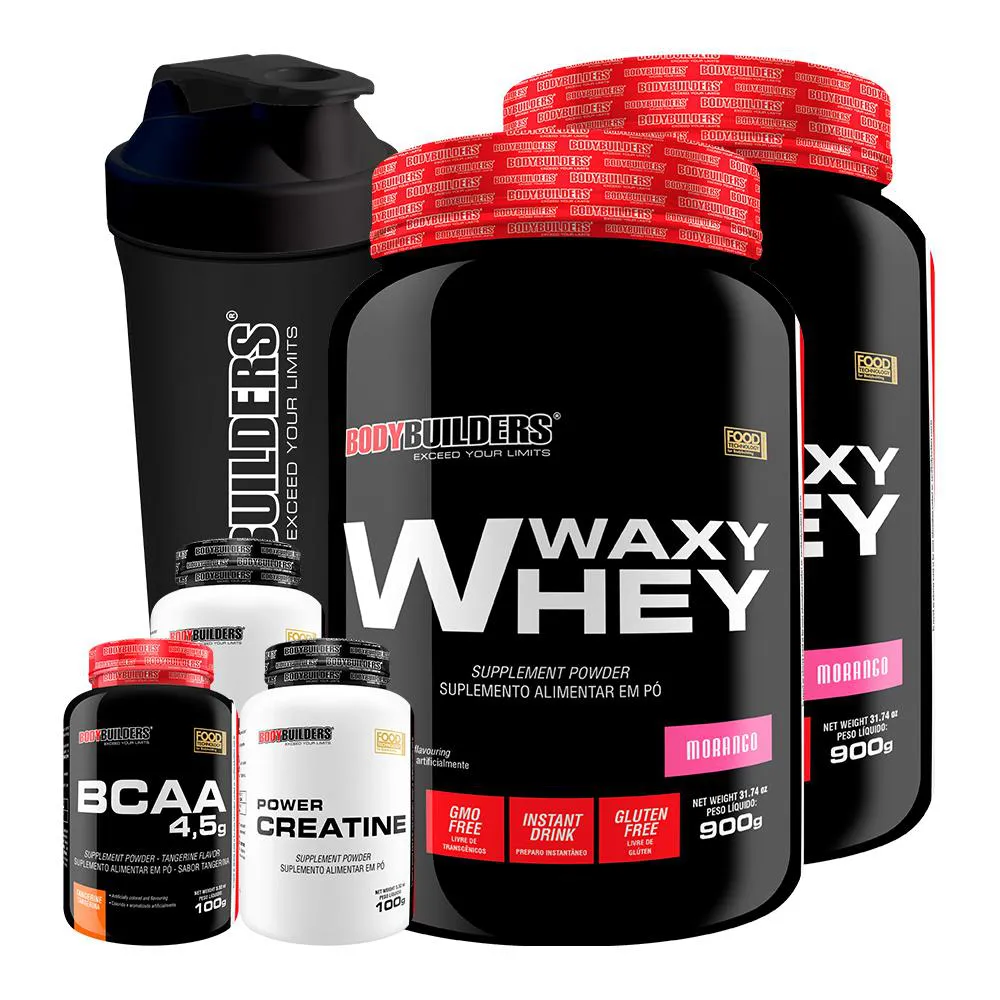 Kit 2x Waxy Whey 900g + Bcaa 4.5 100g + 2x Power Creatina 100g + Coqueteleira - Bodybuilders Morango