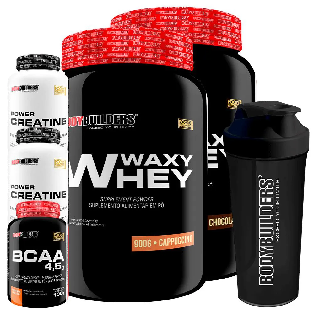 Kit 2x Waxy Whey 900g + Bcaa 4.5 100g + 2x Power Creatina 100g + Coqueteleira - Bodybuilders Chocolate e Cappuccino