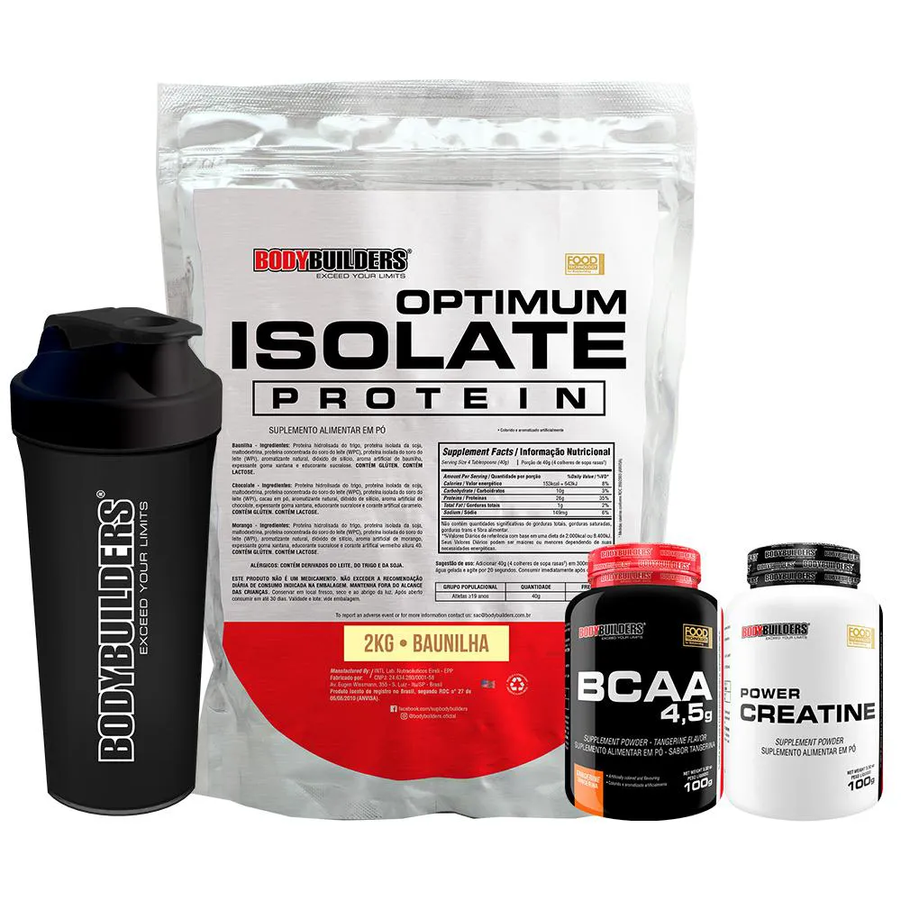 Kit Optimum Isolate Whey Protein 2kg + Bcaa 100g + Power Creatina 100g + Coqueteleira Sabor Baunilha - Bodybuilders