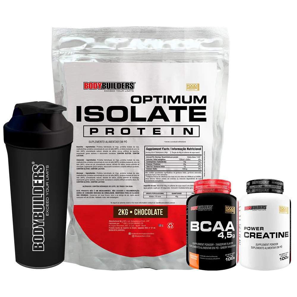 Kit Optimum Isolate Whey Protein 2kg + Bcaa 100g + Power Creatina 100g + Coqueteleira Sabor Chocolate - Bodybuilders