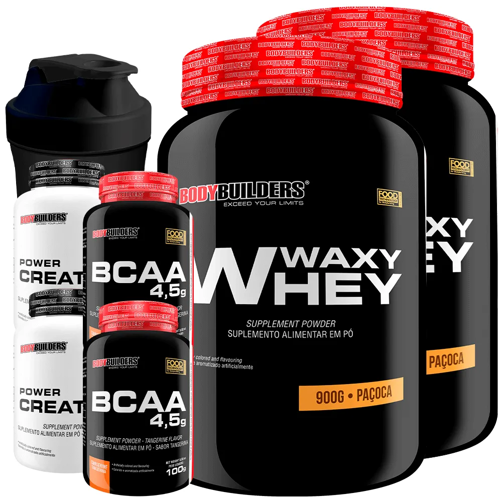 Kit 2x Waxy Whey 900g + 2x Bcaa 100g Tangerina + 2x Power Creatina 100g + Coq - Bodybuilders Paçoca