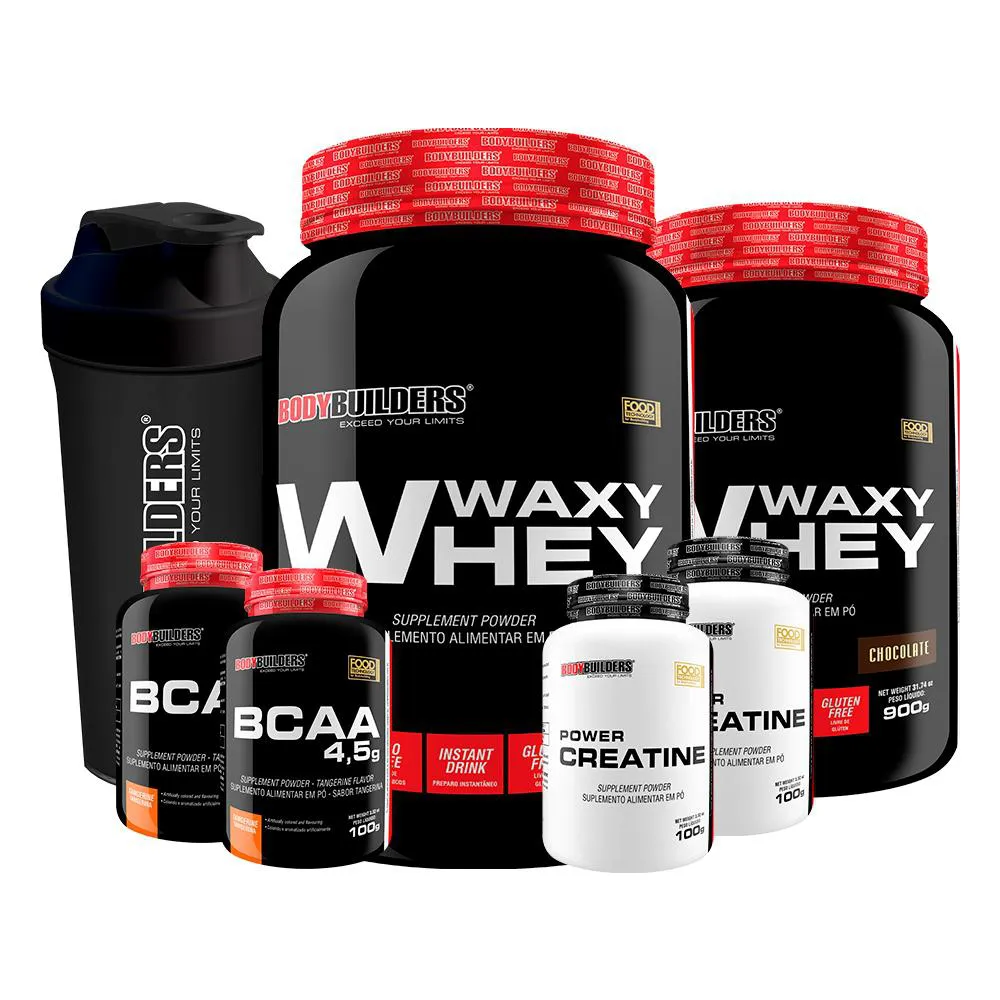 Kit 2x Waxy Whey 900g Sabor Chocolate + 2x Bcaa 100g Tangerina + 2x Power Creatina 100g + Coqueteleira - Bodybuilders