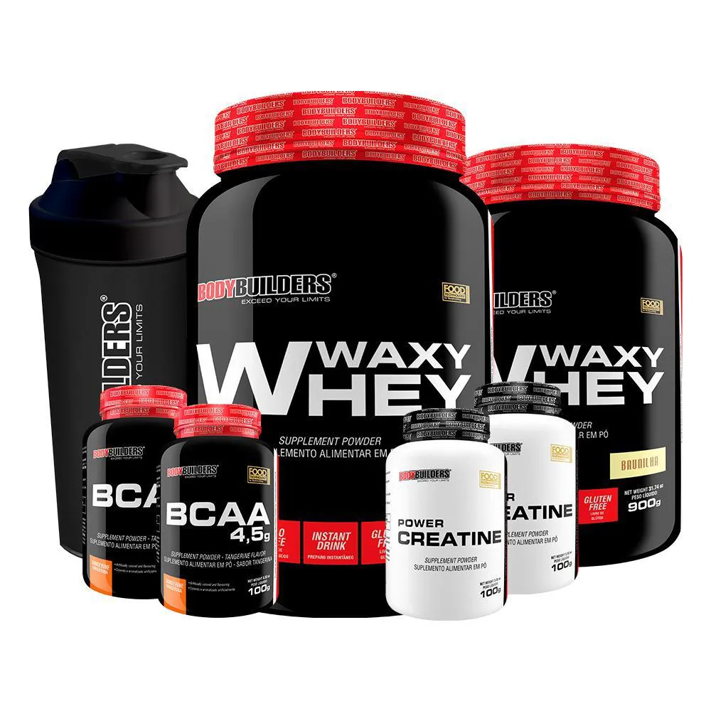 Kit 2x Waxy Whey 900g Sabor Baunilha e Chocolate + 2x Bcaa 100g Tangerina + 2x Power Creatina 100g + Coqueteleira - Bodybuilders