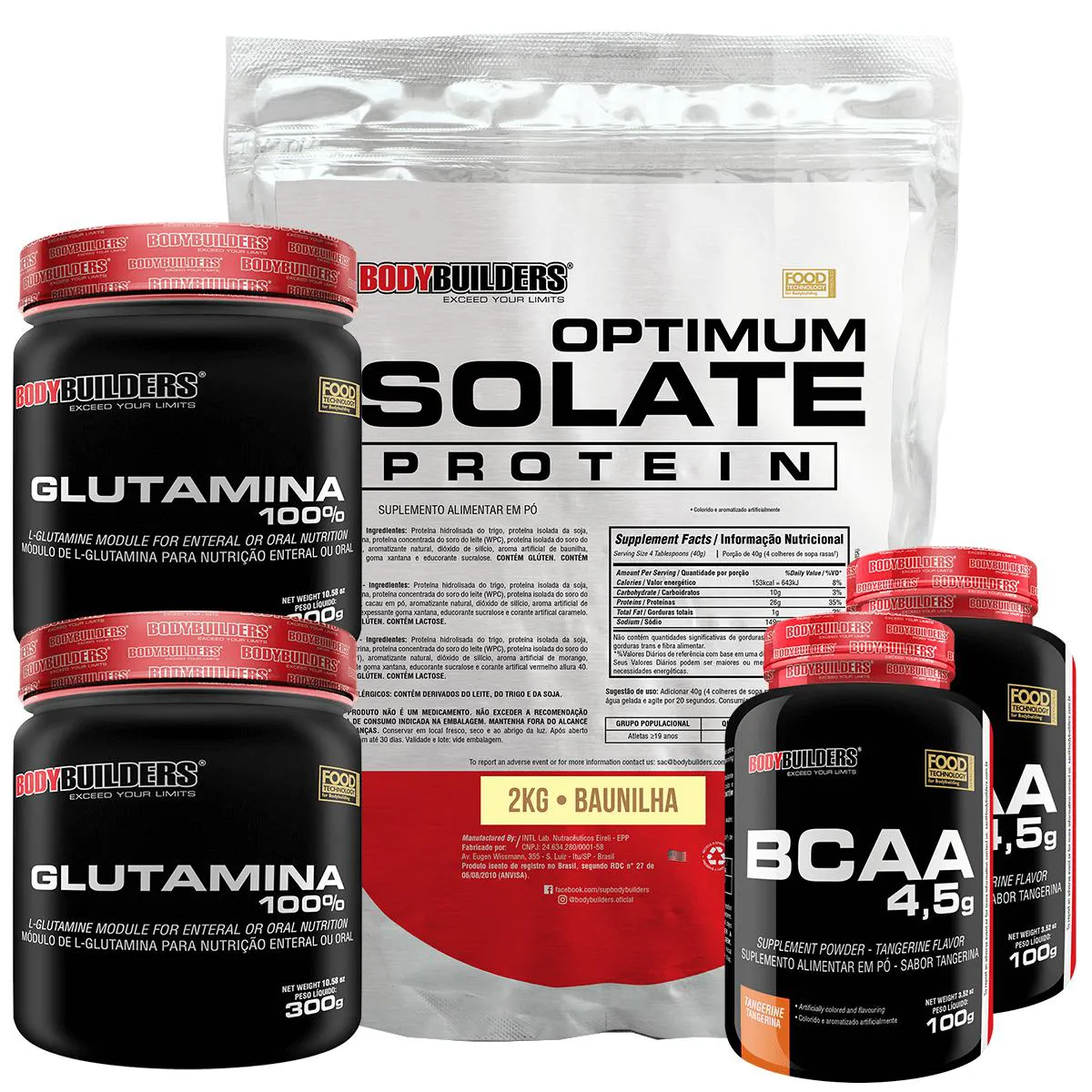 Kit Optimum Isolate Whey Protein 2kg + 2x Bcaa 100g + 2x Glutamina 300g Sabor Baunilha - Bodybuilders