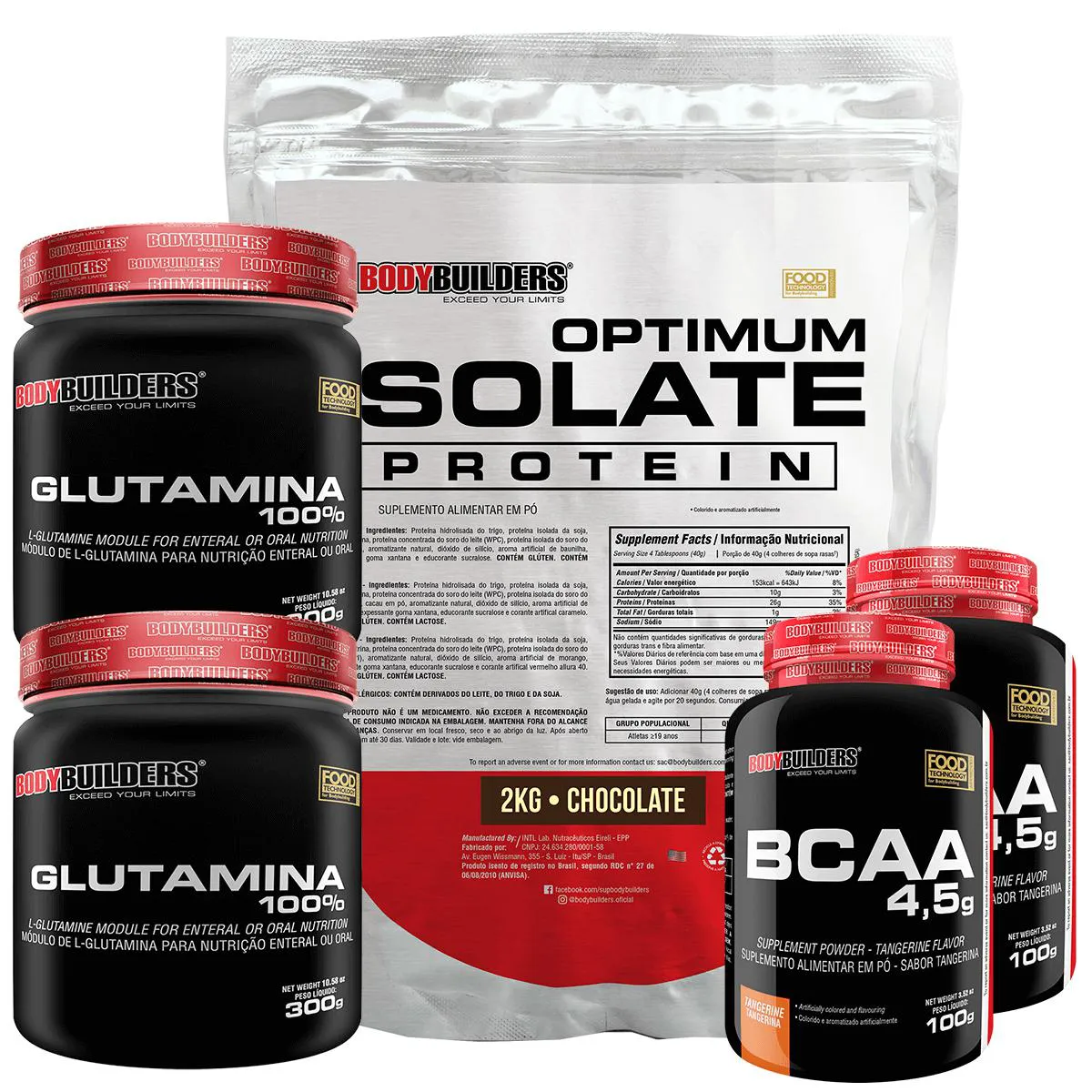 Kit Optimum Isolate Whey Protein 2kg + 2x Bcaa 100g + 2x Glutamina 300g Sabor Chocolate - Bodybuilders