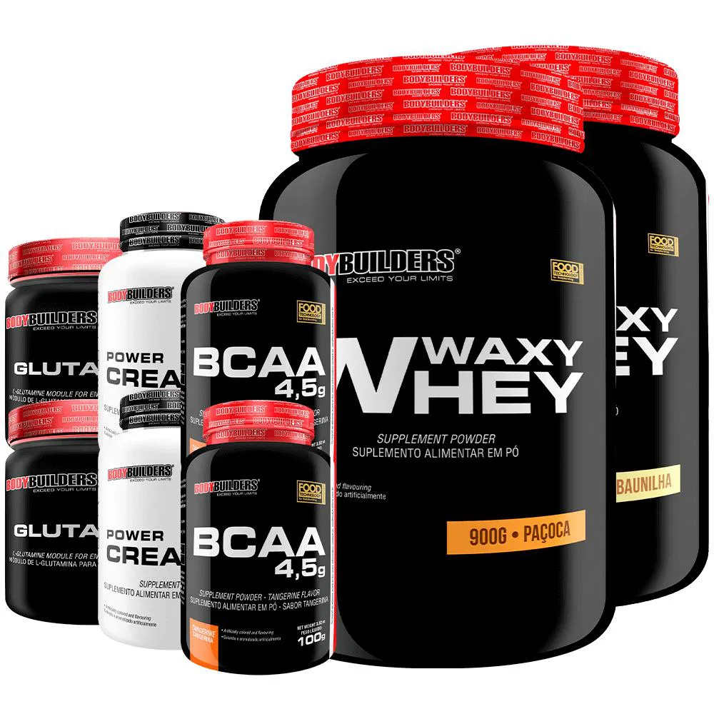 Kit 2x Waxy Whey 900g + 2x Power Creatina 100g + 2x Glutamina 300g + 2x Bcaa 4.5 100g - Bodybuilders Baunilha e Paçoca