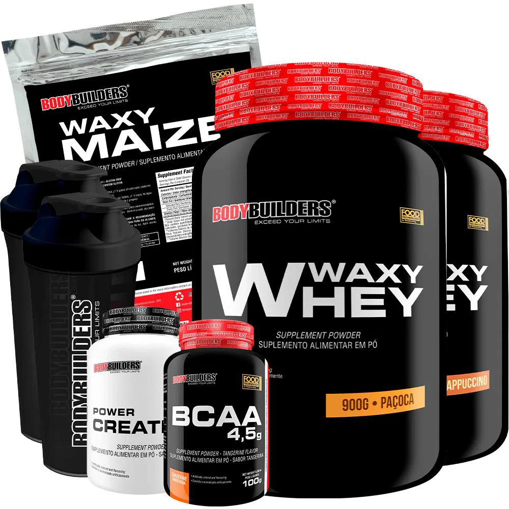 Kit 2x Waxy Whey 900g + Waxy Maize 800g + Power Creatina 100g + Bcaa 4.5 100g + 2x Coqueteleira - Bodybuilders Cappuccino e Paçoca