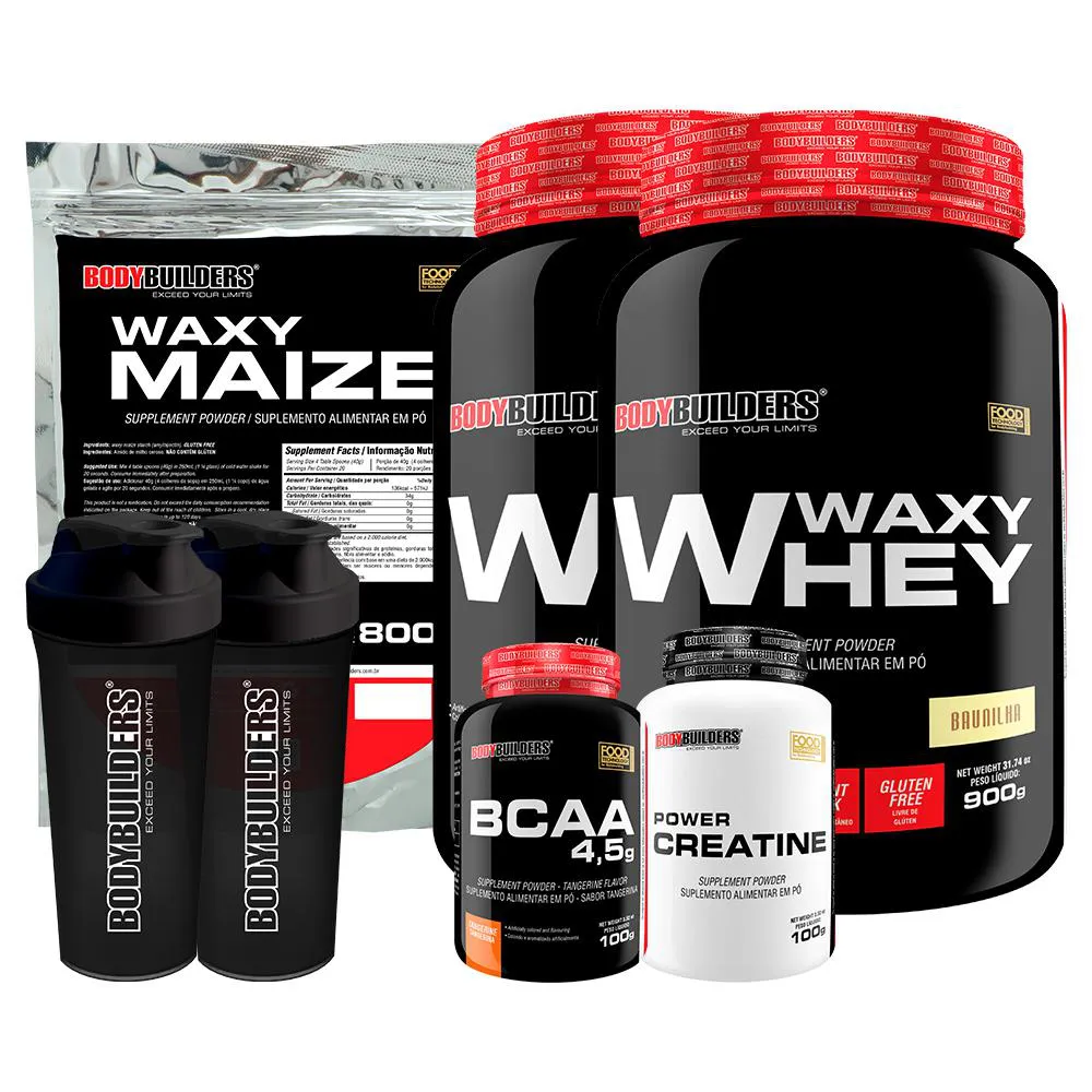 Kit 2x Waxy Whey 900g + Waxy Maize 800g + Power Creatina 100g + Bcaa 4.5 100g + 2x Coqueteleira - Bodybuilders Cappuccino e Baunilha