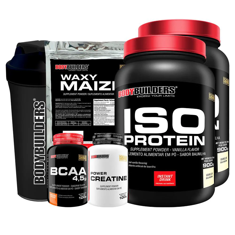 Kit 2x Iso Protein 900g + Bcaa 100g + Power Creatina 100g + Waxy Maize 800g + Coqueteleira - Sabor Baunilha Bodybuilders