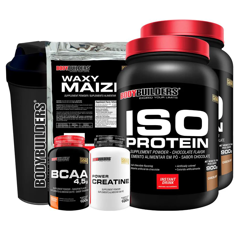 Kit 2x Iso Protein 900g + Bcaa 100g + Power Creatina 100g + Waxy Maize 800g + Coqueteleira - Sabor Chocolate Bodybuilders