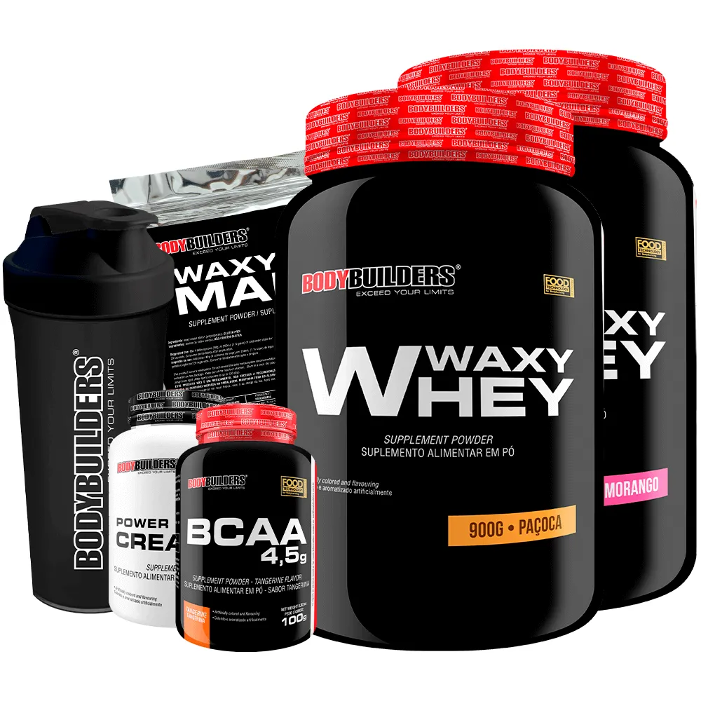 Kit 2x Waxy Whey 900g + Bcaa 100g + Power Creatine 100g + Waxy Maize 800g + Coq – Bodybuilders Morango e Paçoca