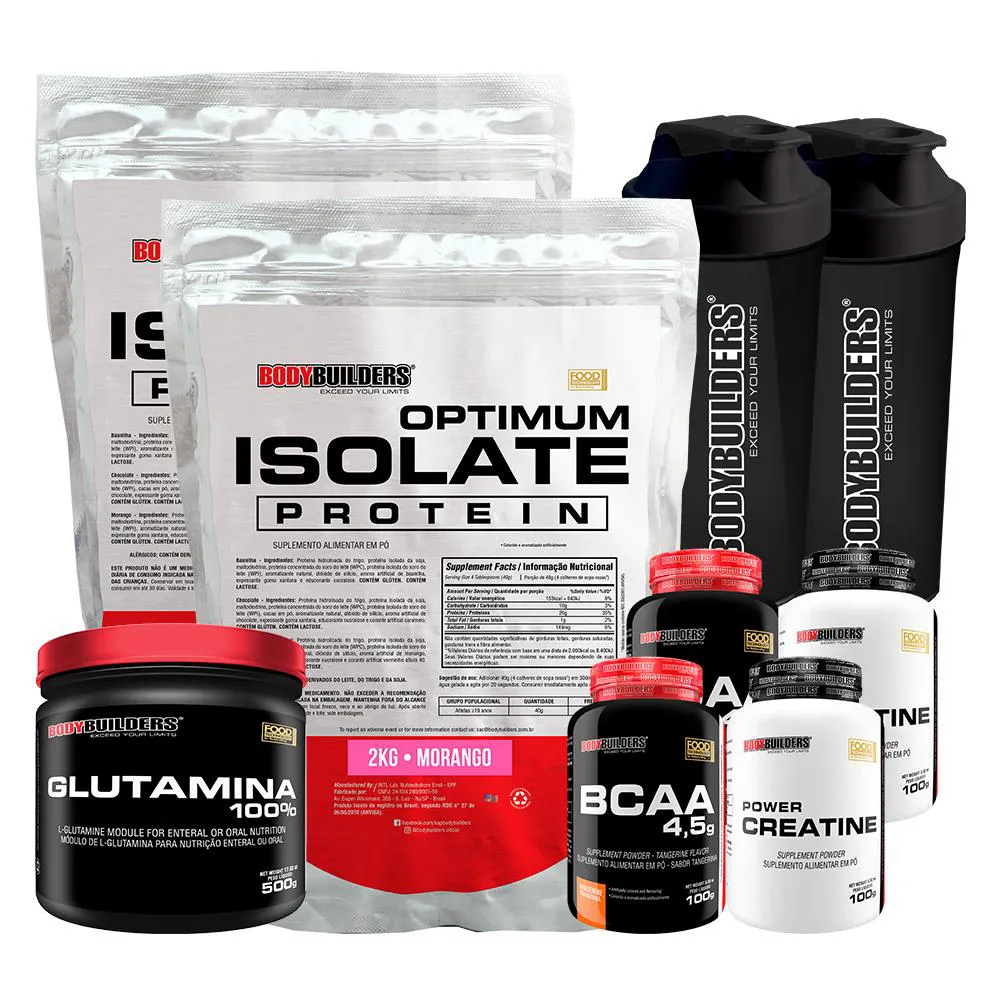 Kit 2x Optimum Isolate Protein 2kg + 2x Bcaa100g+ 2x Creatina100g + Glutamina 500g + 2x Coqueteleira Sabor Morango - Bodybuilders