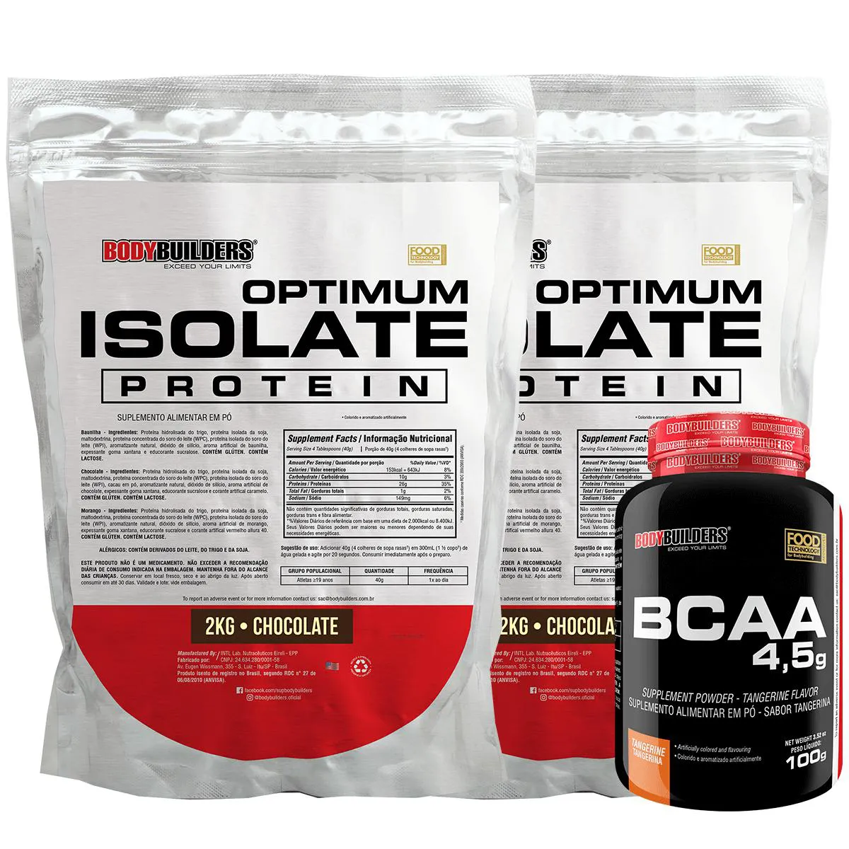 Kit 2x Optimum Isolate Whey Protein 2kg + Bcaa 100g Sabor Chocolate - Bodybuilders